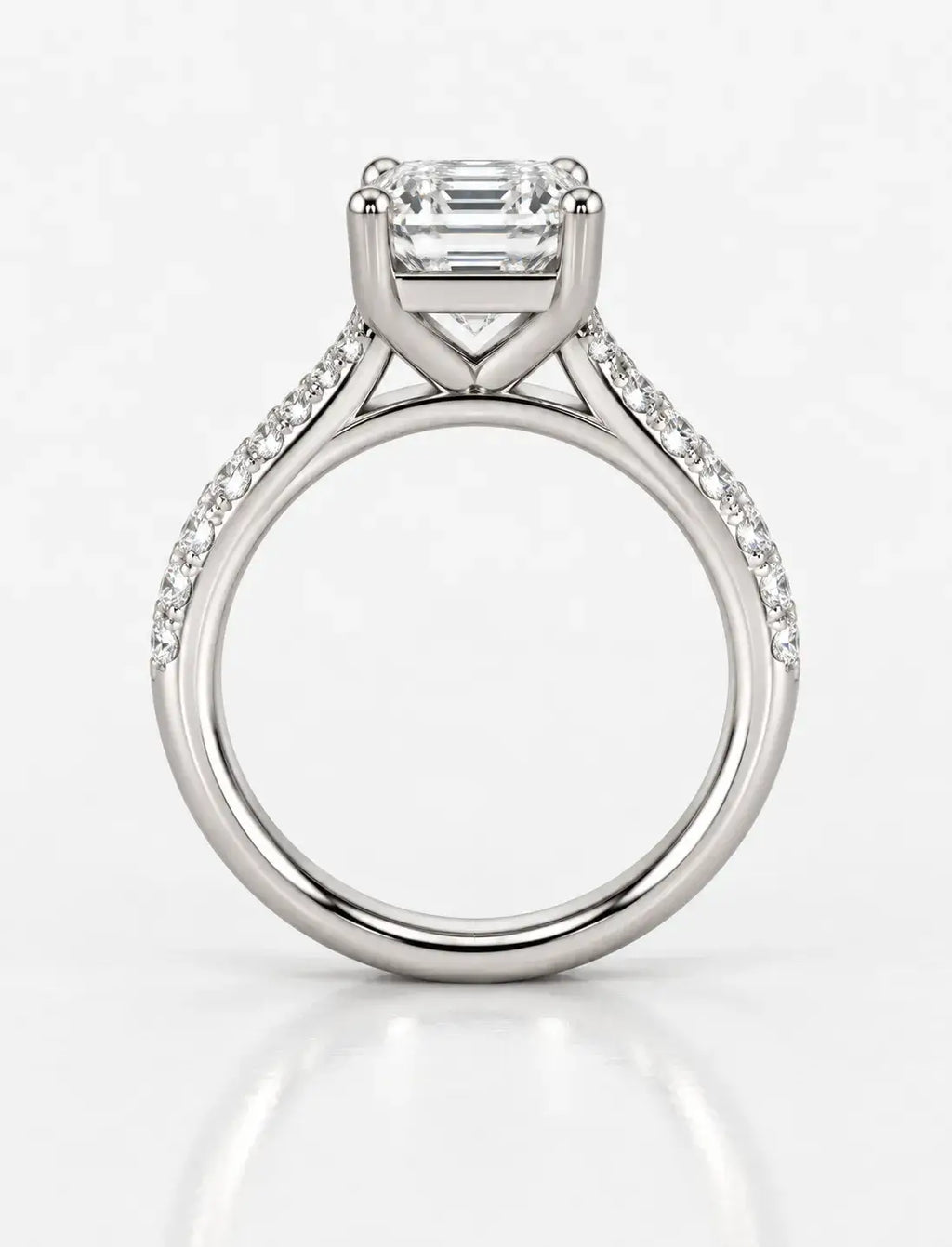 Asscher Cut Diamond Solitaire Ring IGI Certified Lab Grown Ellora Three-Quarter Art Deco-Inspired with Round Pavé Accents in Platinum