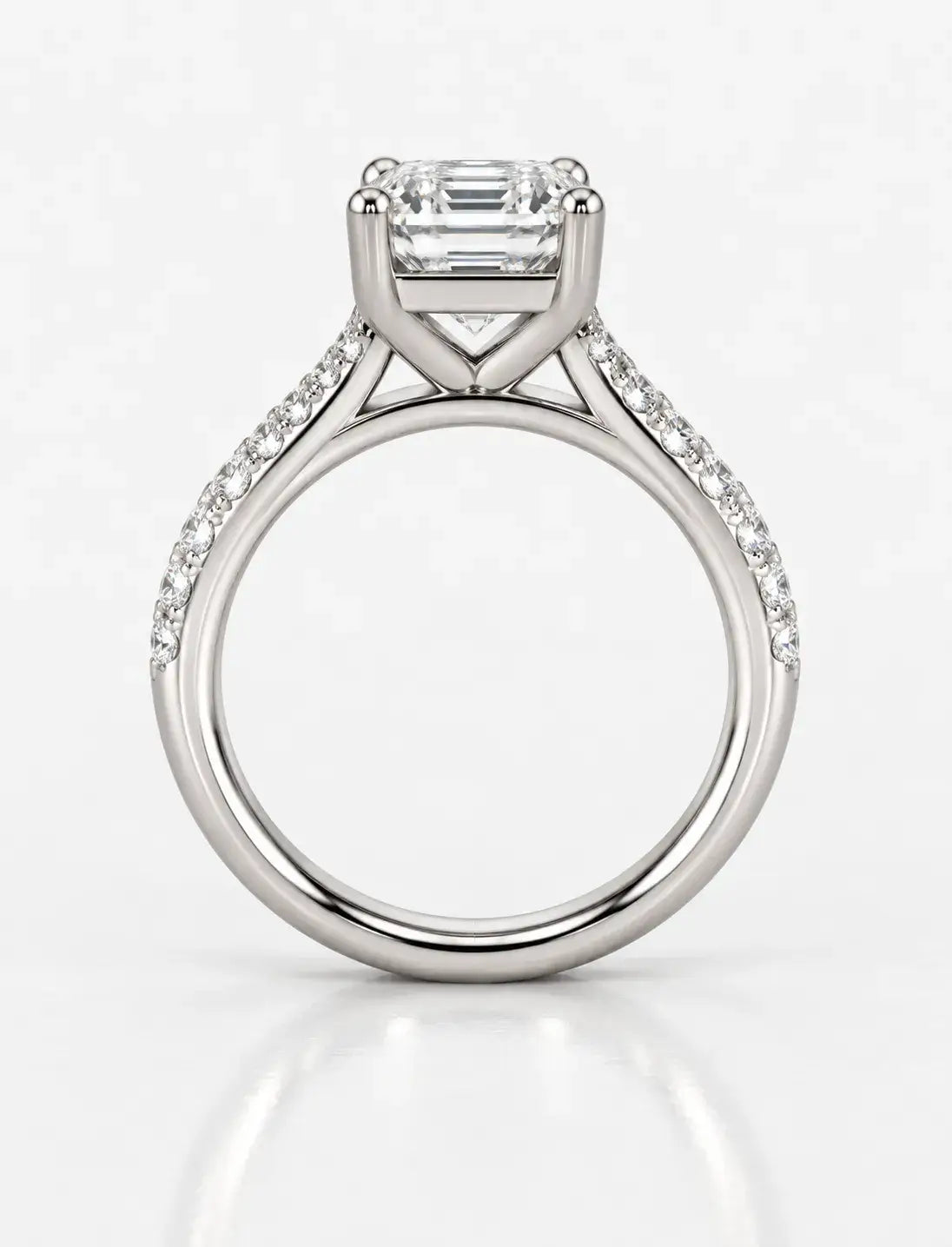 Asscher Cut Diamond Solitaire Ring IGI Certified Lab Grown Ellora Three-Quarter Art Deco-Inspired with Round Pavé Accents in Platinum