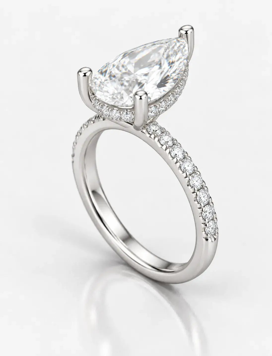 Lab Grown IGI Certified Pear Diamond Engagement Ring With Side Pave Set Round Brilliant Cut Diamond Ring in Platinum