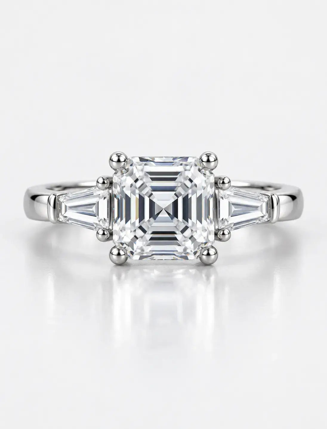 Asscher and Baguette Tapper Trilogy Ring IGI Certified Lab Grown The Step-Cut Elegance Art Deco Platinum