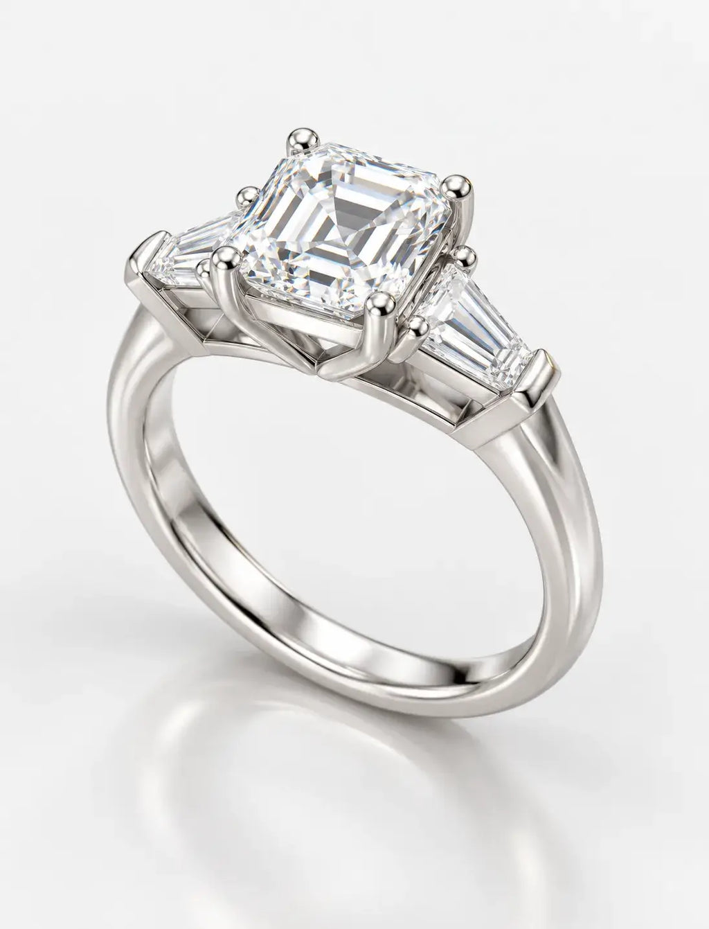 Asscher and Baguette Tapper Trilogy Ring IGI Certified Lab Grown The Step-Cut Elegance Art Deco Platinum
