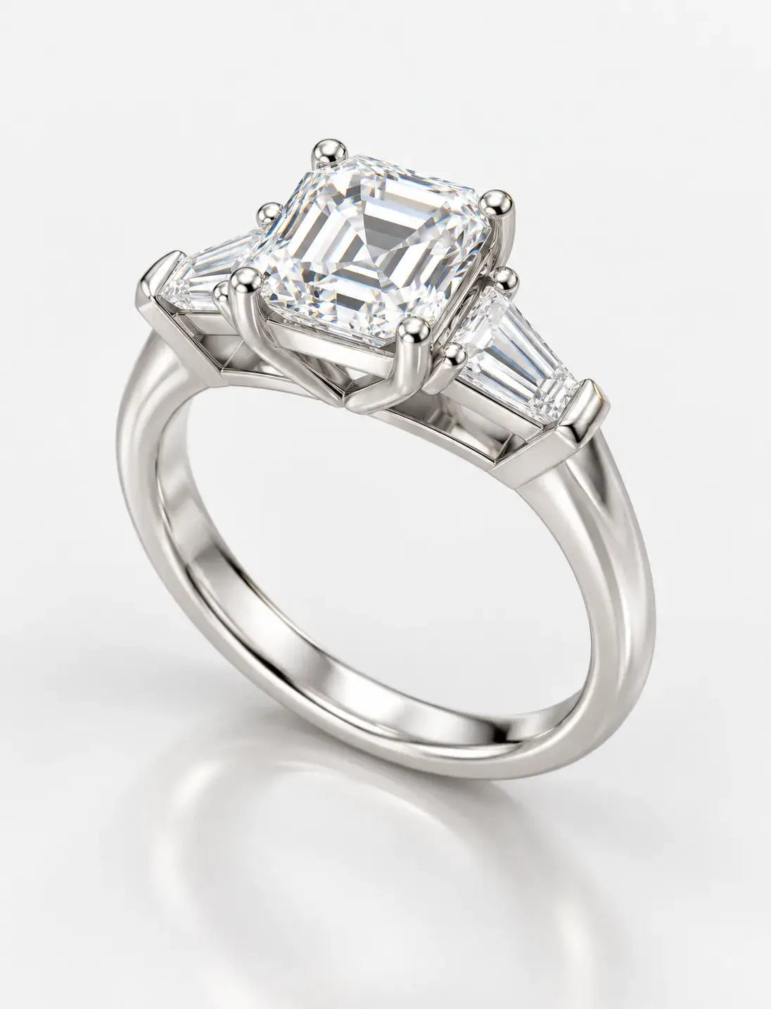 Asscher and Baguette Tapper Trilogy Ring IGI Certified Lab Grown The Step-Cut Elegance Art Deco Platinum