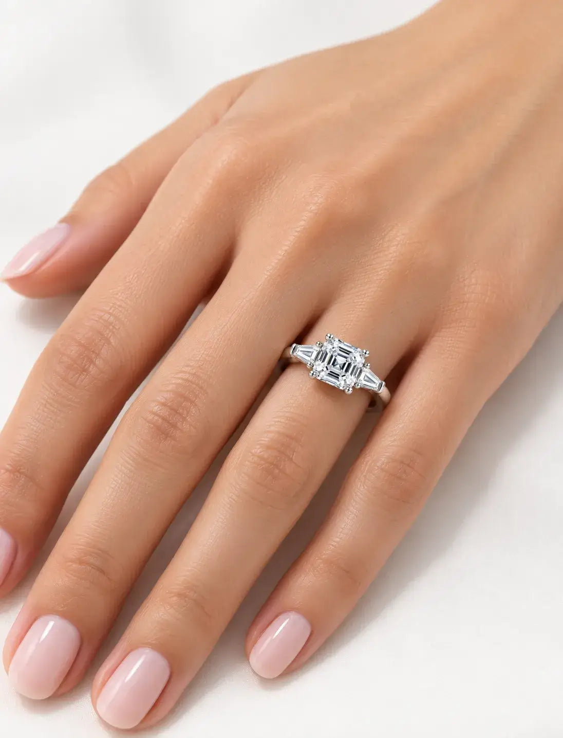 Asscher and Baguette Tapper Trilogy Ring IGI Certified Lab Grown The Step-Cut Elegance Art Deco Platinum