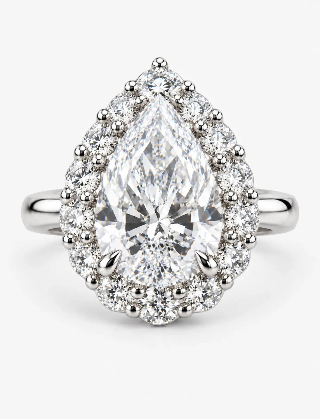 Pear Diamond Engagement Ring 4.15 Carat Halo with Round Diamond Plain Shank Engagement Ring in Platinum