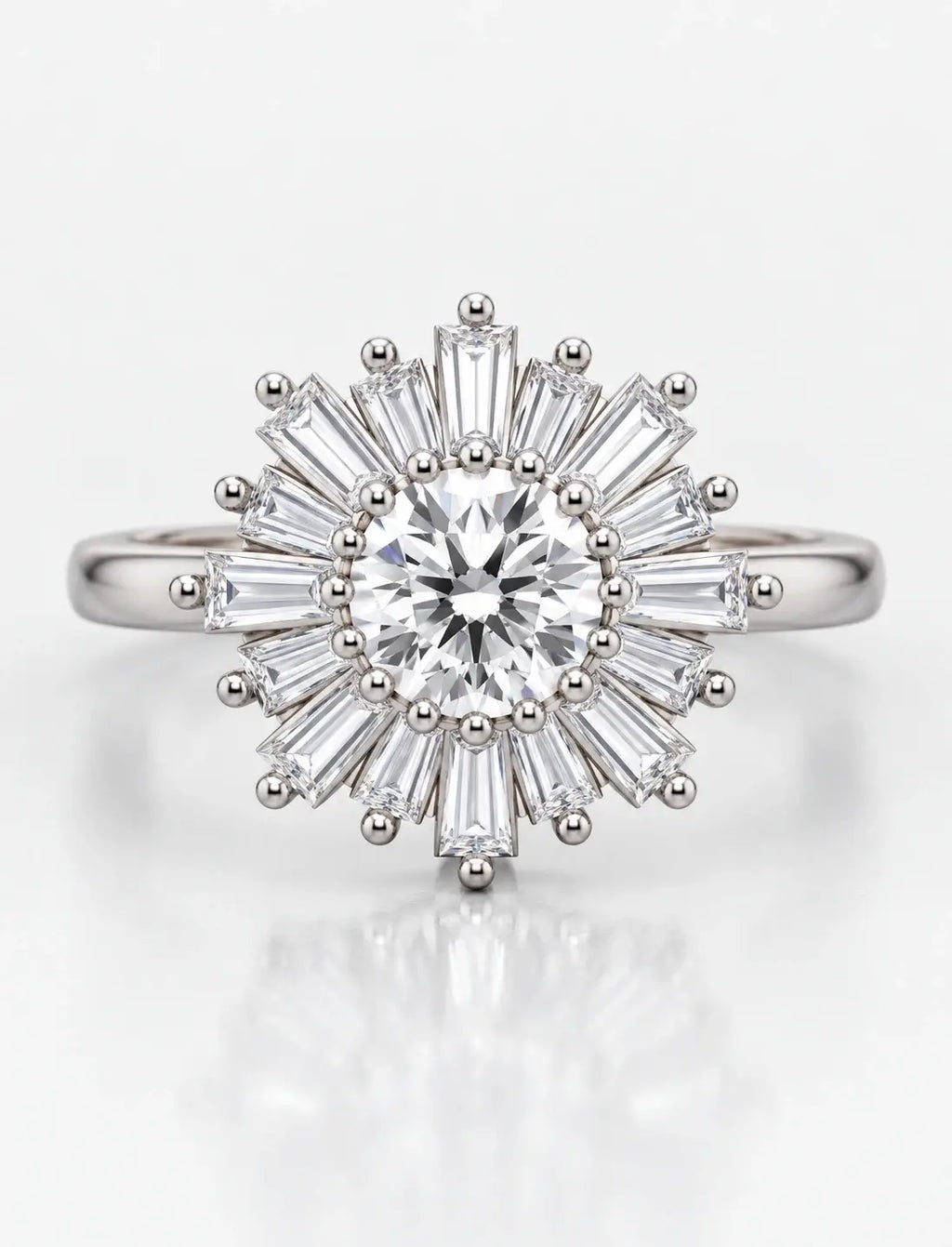 Round & Baguette Diamond Engagement Ring Plain Shank Cluster Ring IGI Lab Grown in Platinum