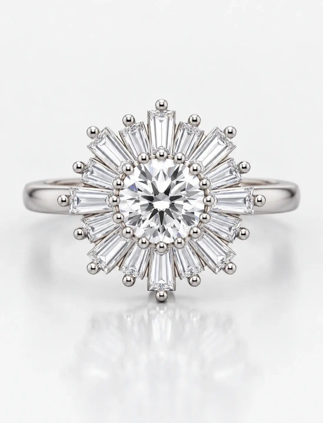 Round & Baguette Diamond Engagement Ring Plain Shank Cluster Ring IGI Lab Grown in Platinum