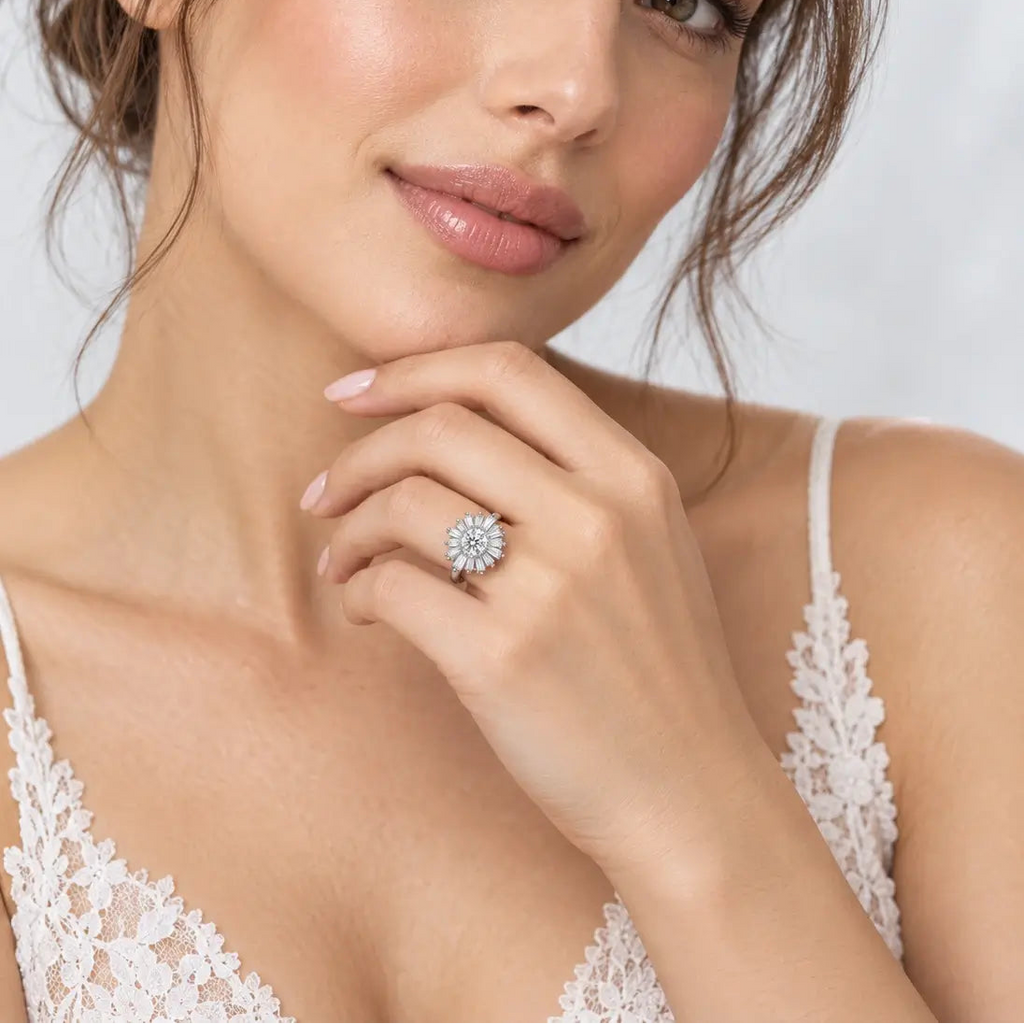 Round & Baguette Diamond Engagement Ring Plain Shank Cluster Ring IGI Lab Grown in Platinum