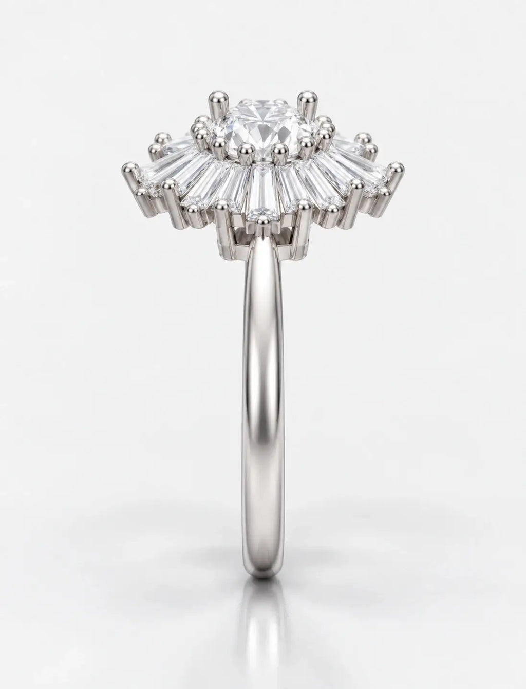 Round & Baguette Diamond Engagement Ring Plain Shank Cluster Ring IGI Lab Grown in Platinum