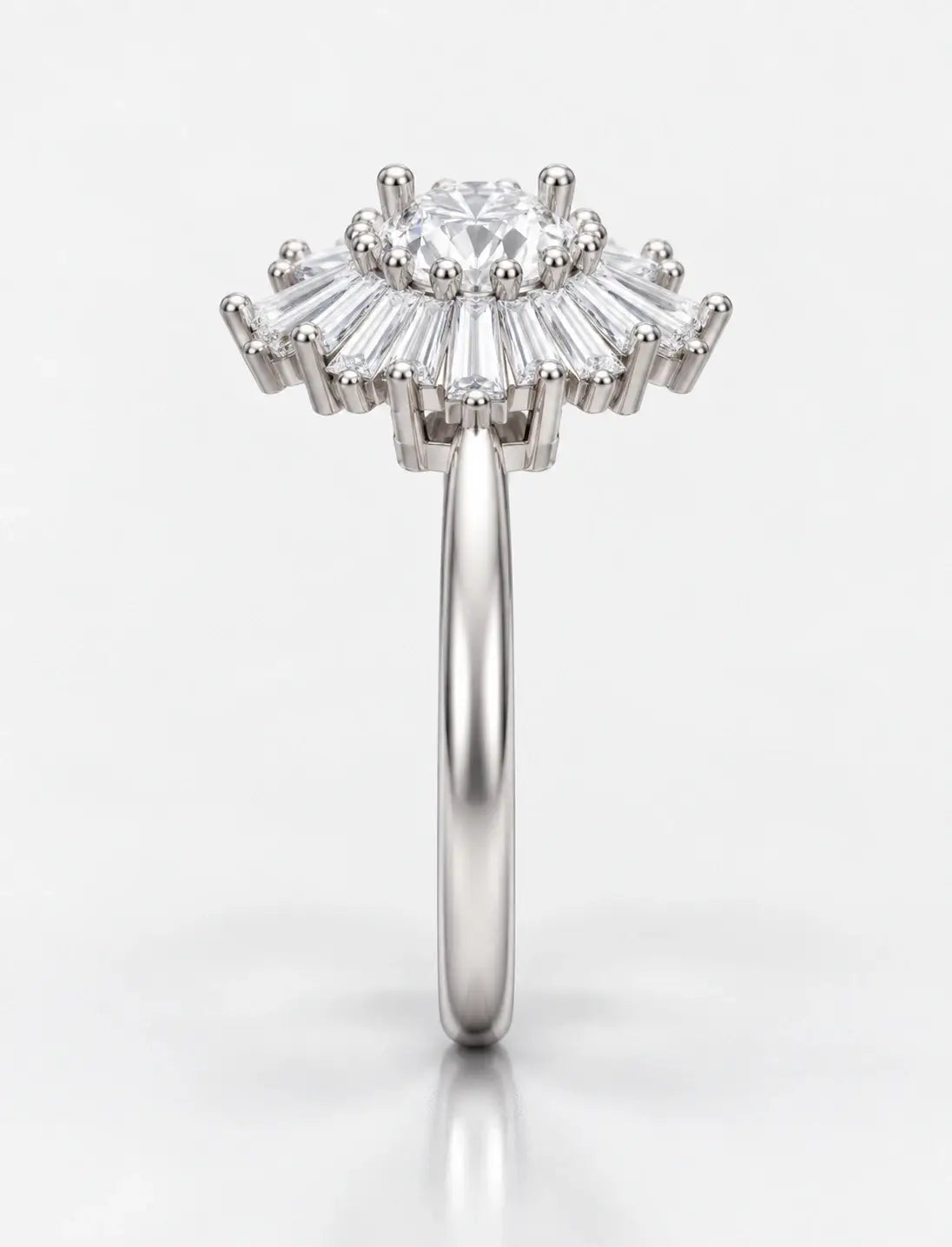Round & Baguette Diamond Engagement Ring Plain Shank Cluster Ring IGI Lab Grown in Platinum