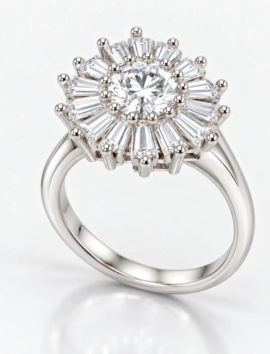 Round & Baguette Diamond Engagement Ring Plain Shank Cluster Ring IGI Lab Grown in Platinum