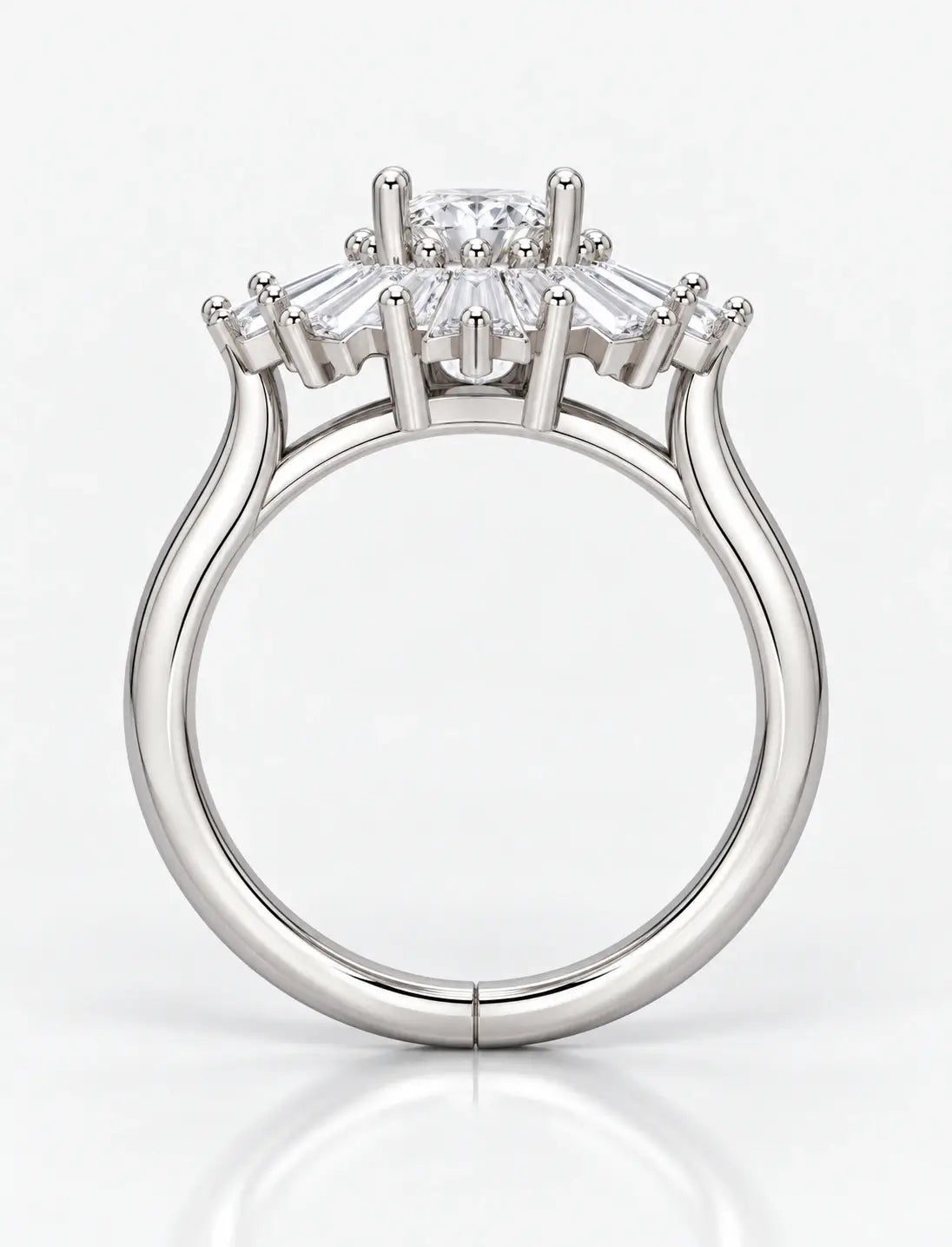 Round & Baguette Diamond Engagement Ring Plain Shank Cluster Ring IGI Lab Grown in Platinum