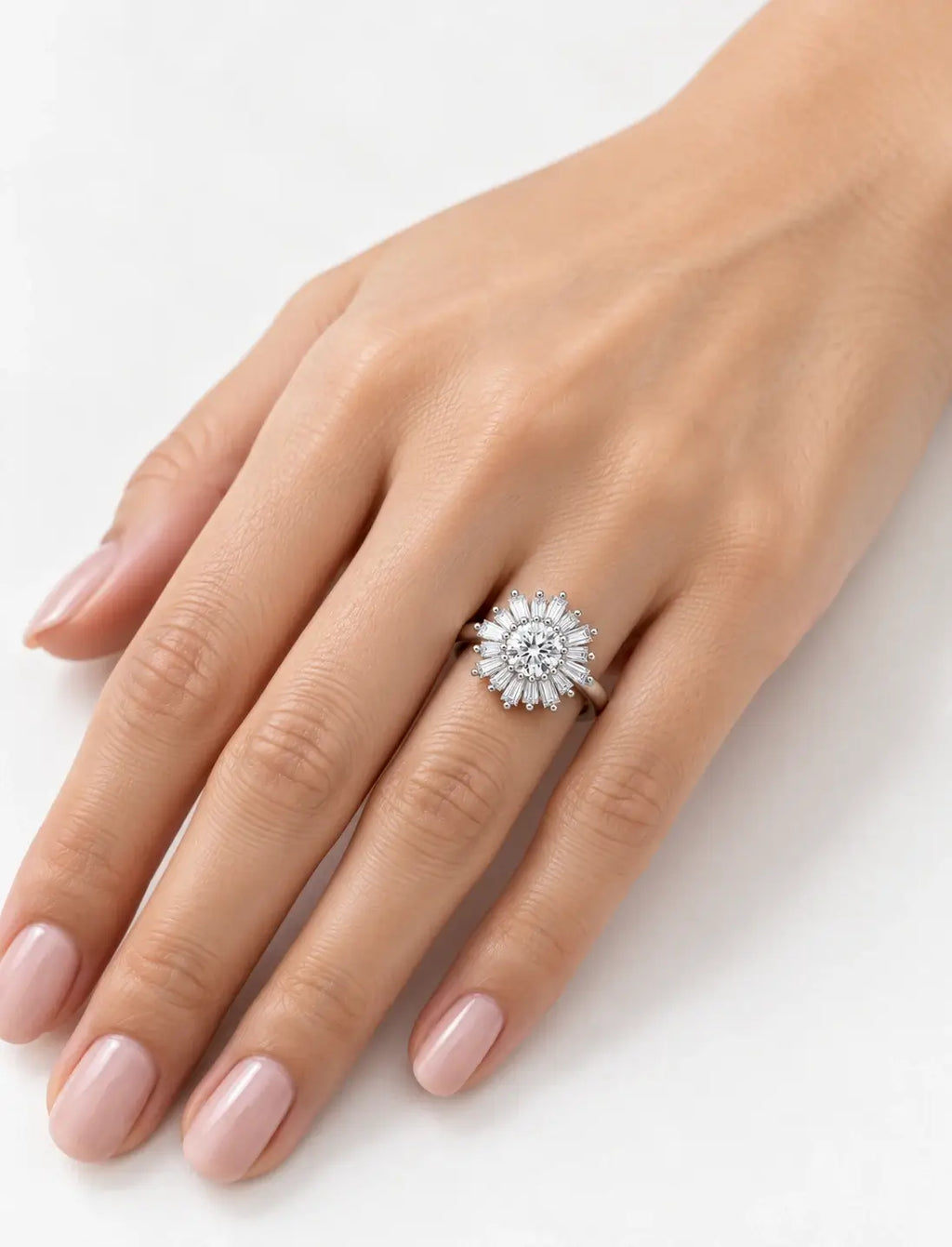Round & Baguette Diamond Engagement Ring Plain Shank Cluster Ring IGI Lab Grown in Platinum