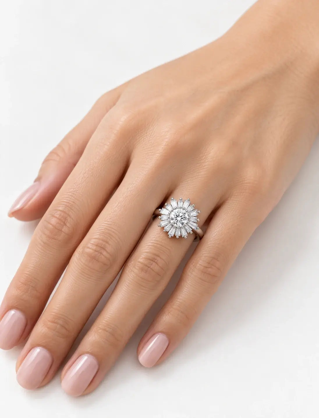 Round & Baguette Diamond Engagement Ring Plain Shank Cluster Ring IGI Lab Grown in Platinum