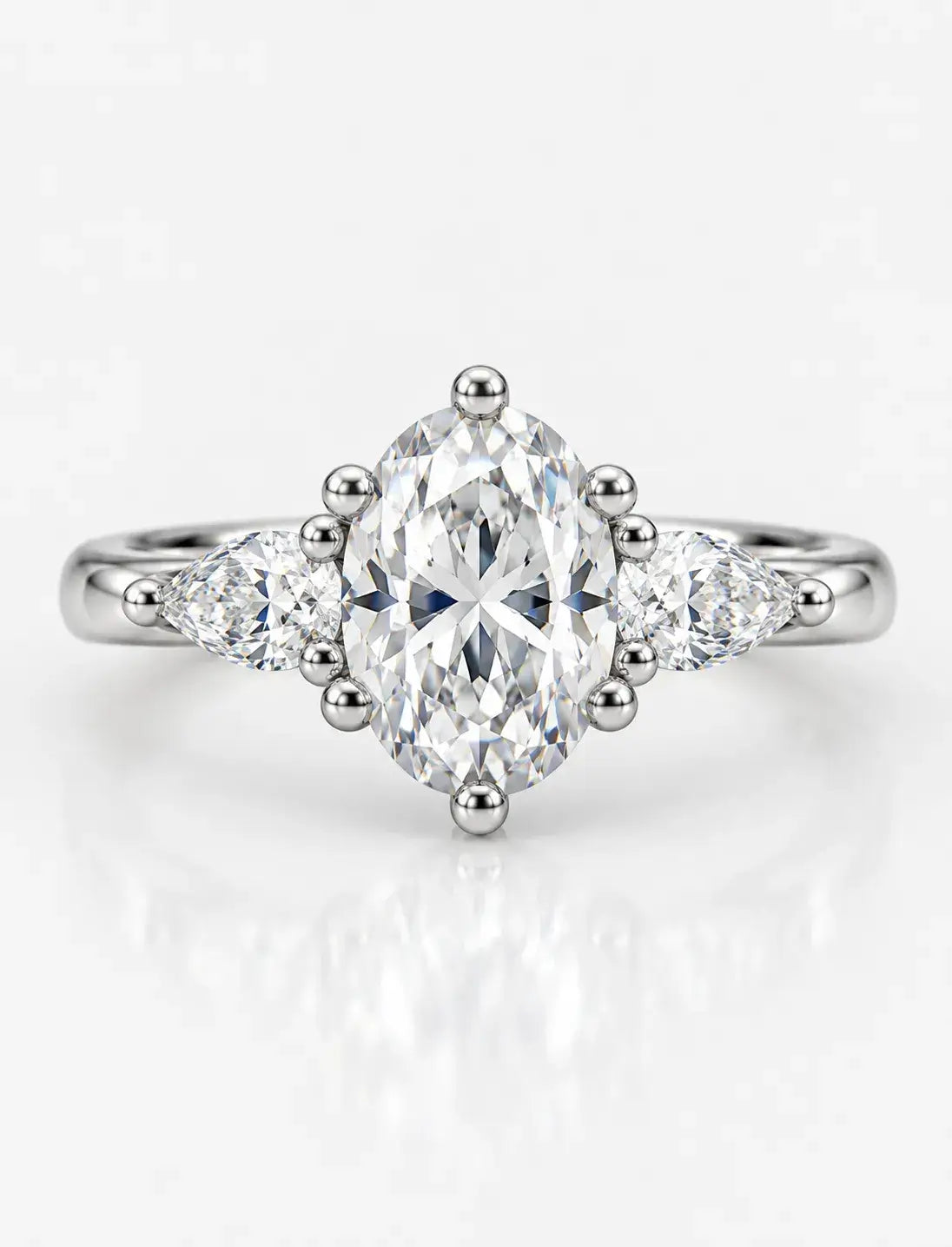Three Oval Cut Diamond Claw Set Trilogy Side Pear Diamond Anniversary Ring Platinum Lab Grown IGI Certified