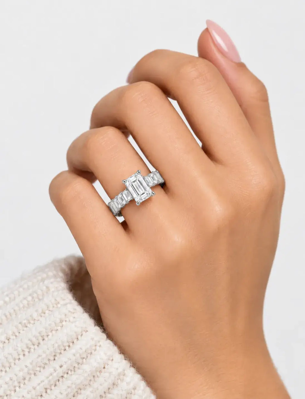 Emerald Diamond Engagement Ring With Side Emerald Diamond Ring in Platinum Lab Grown IGI Certified