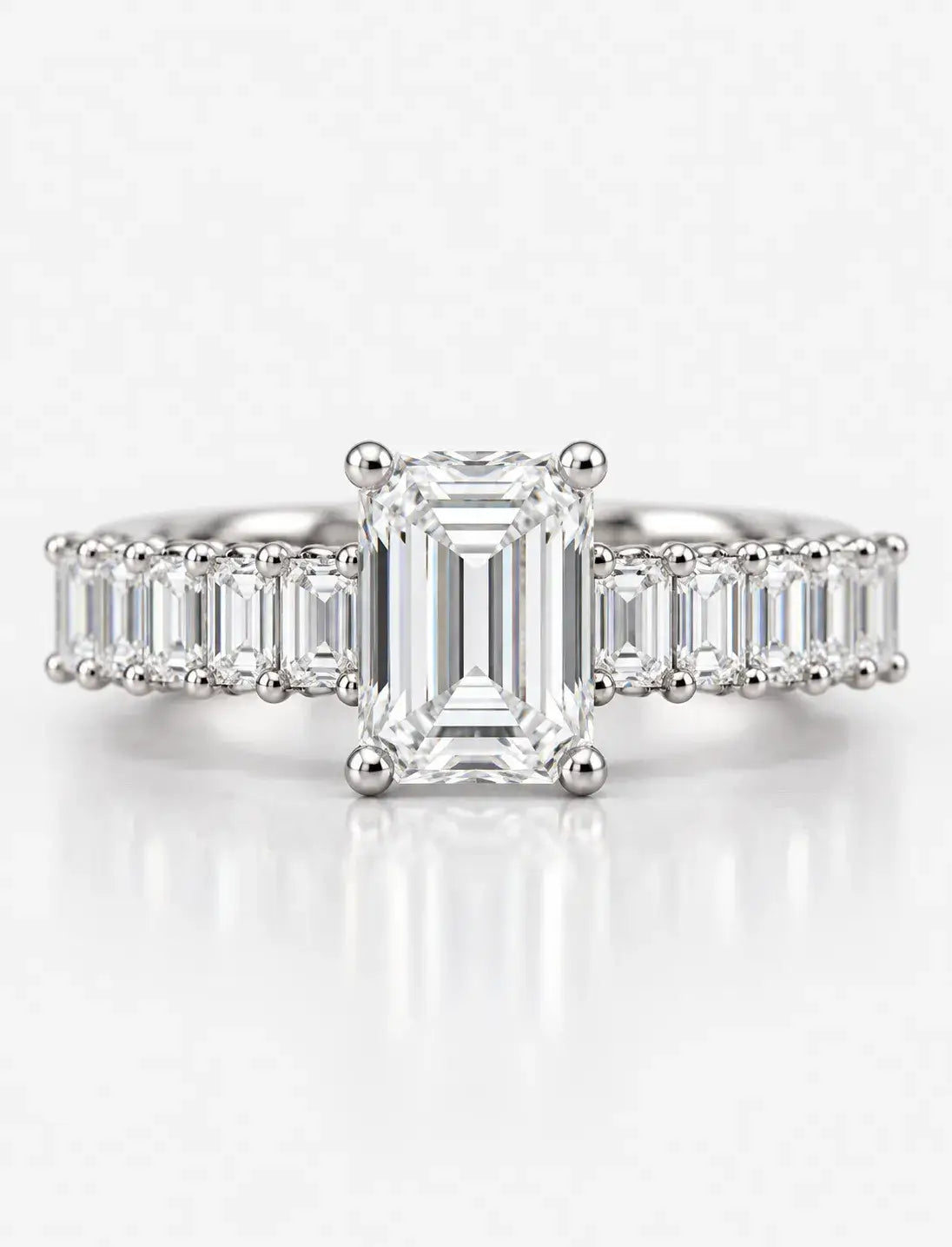 Emerald Diamond Engagement Ring With Side Emerald Diamond Ring in Platinum Lab Grown IGI Certified