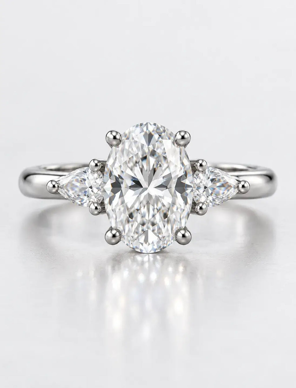 Oval Cut Diamond 1.70 Carat Lab Grown IGI Certified Claw Set Trilogy Side Pear Diamond Anniversary Ring Platinum