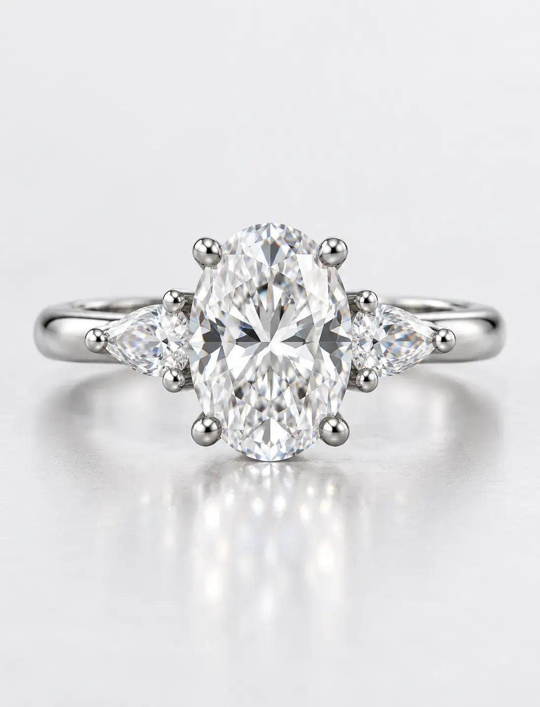 Oval Cut Diamond 1.70 Carat Lab Grown IGI Certified Claw Set Trilogy Side Pear Diamond Anniversary Ring Platinum
