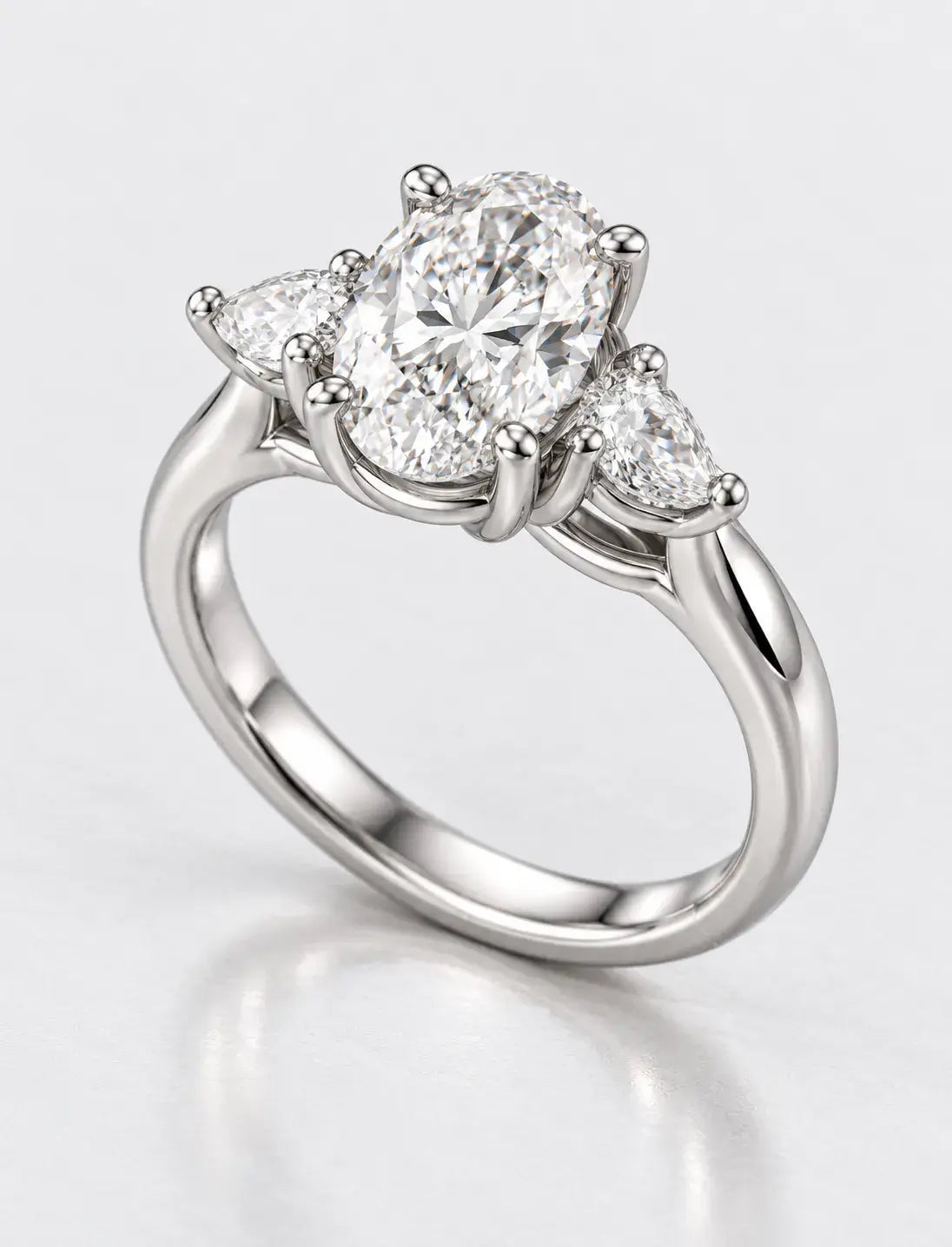 Oval Cut Diamond 1.70 Carat Lab Grown IGI Certified Claw Set Trilogy Side Pear Diamond Anniversary Ring Platinum