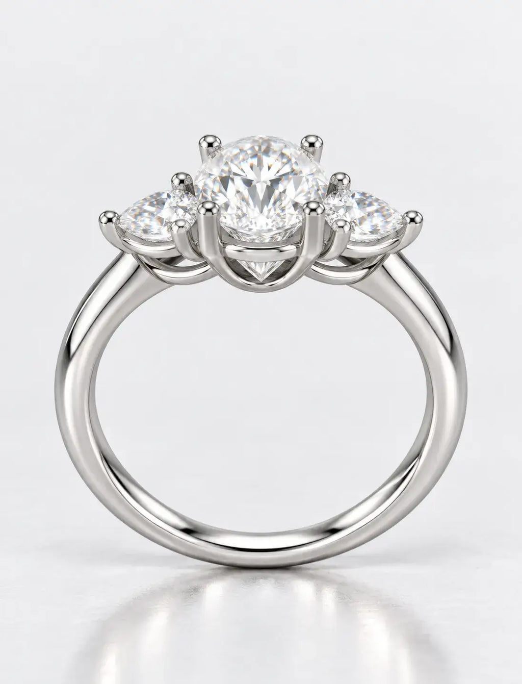 Oval Cut Diamond 1.70 Carat Lab Grown IGI Certified Claw Set Trilogy Side Pear Diamond Anniversary Ring Platinum