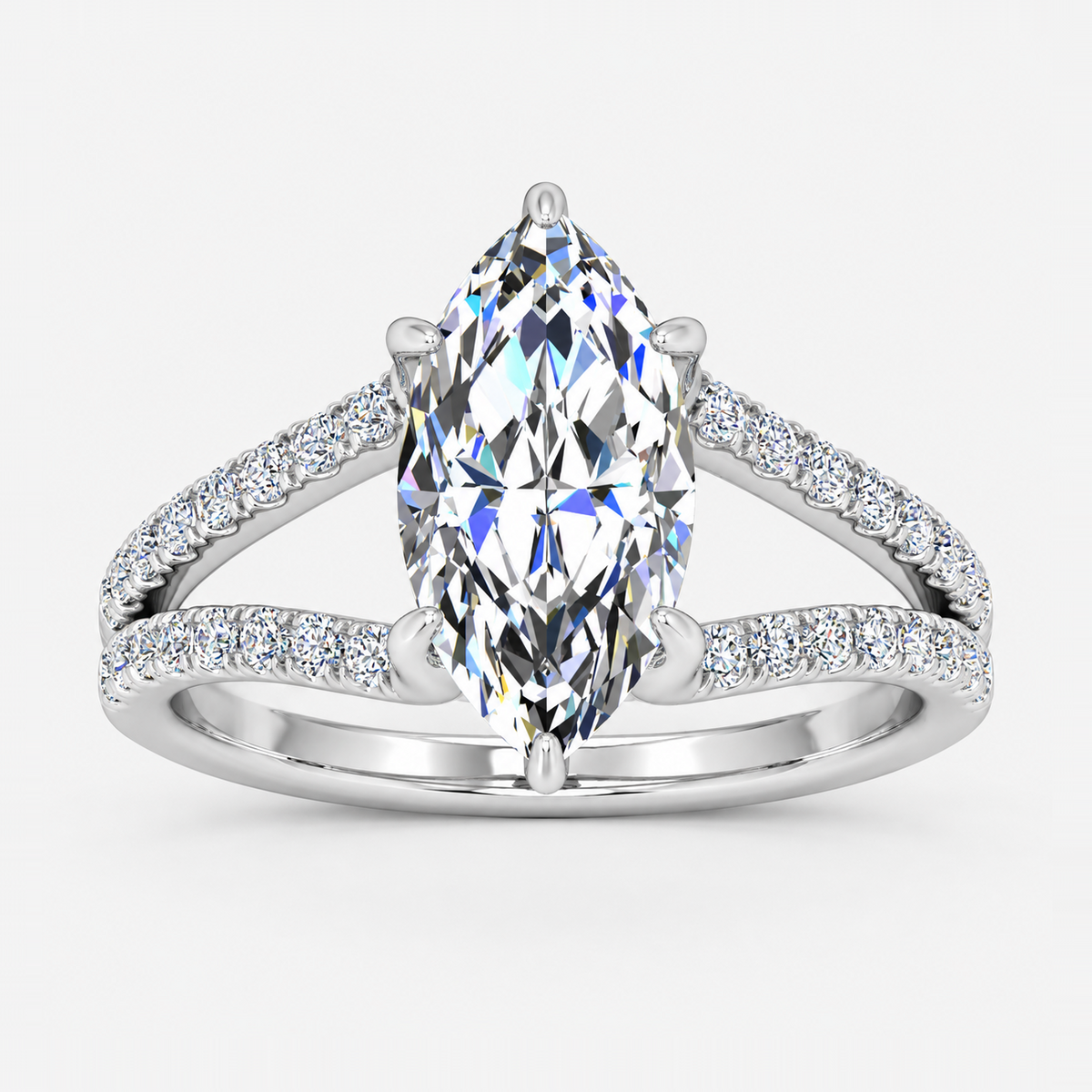 IGI Certified Lab Grown Marquise Cut Ring with Round Side Diamonds, Hidden Halo & Split Shank in Platinum & Gold - 1-5ct