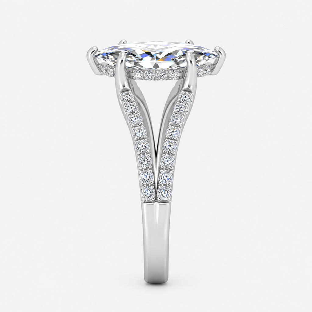 IGI Certified Lab Grown Marquise Cut Ring with Round Side Diamonds, Hidden Halo & Split Shank in Platinum & Gold - 1-5ct