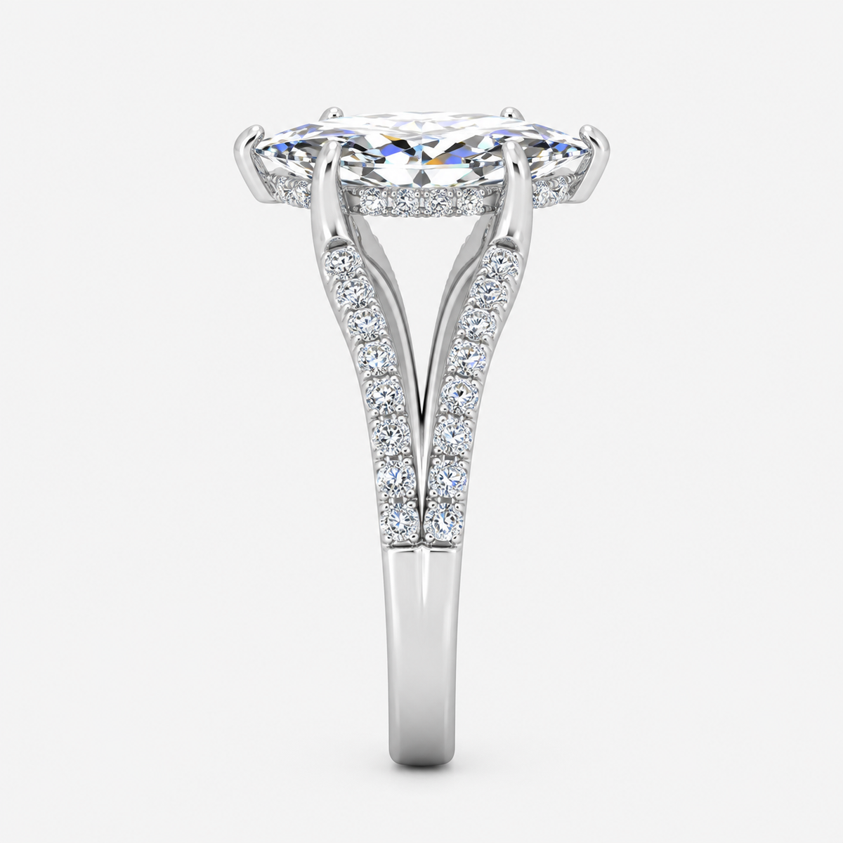 IGI Certified Lab Grown Marquise Cut Ring with Round Side Diamonds, Hidden Halo & Split Shank in Platinum & Gold - 1-5ct