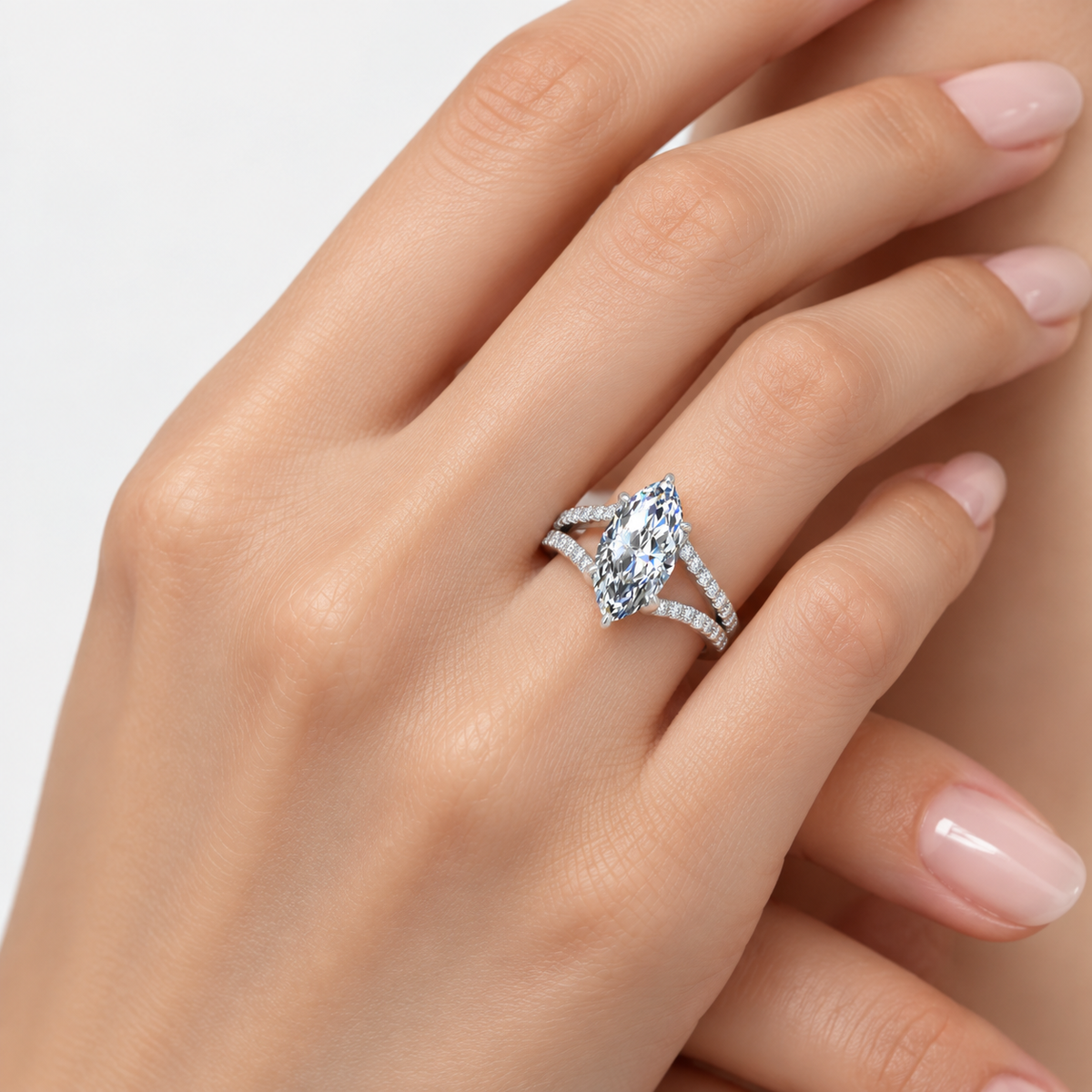 IGI Certified Lab Grown Marquise Cut Ring with Round Side Diamonds, Hidden Halo & Split Shank in Platinum & Gold - 1-5ct