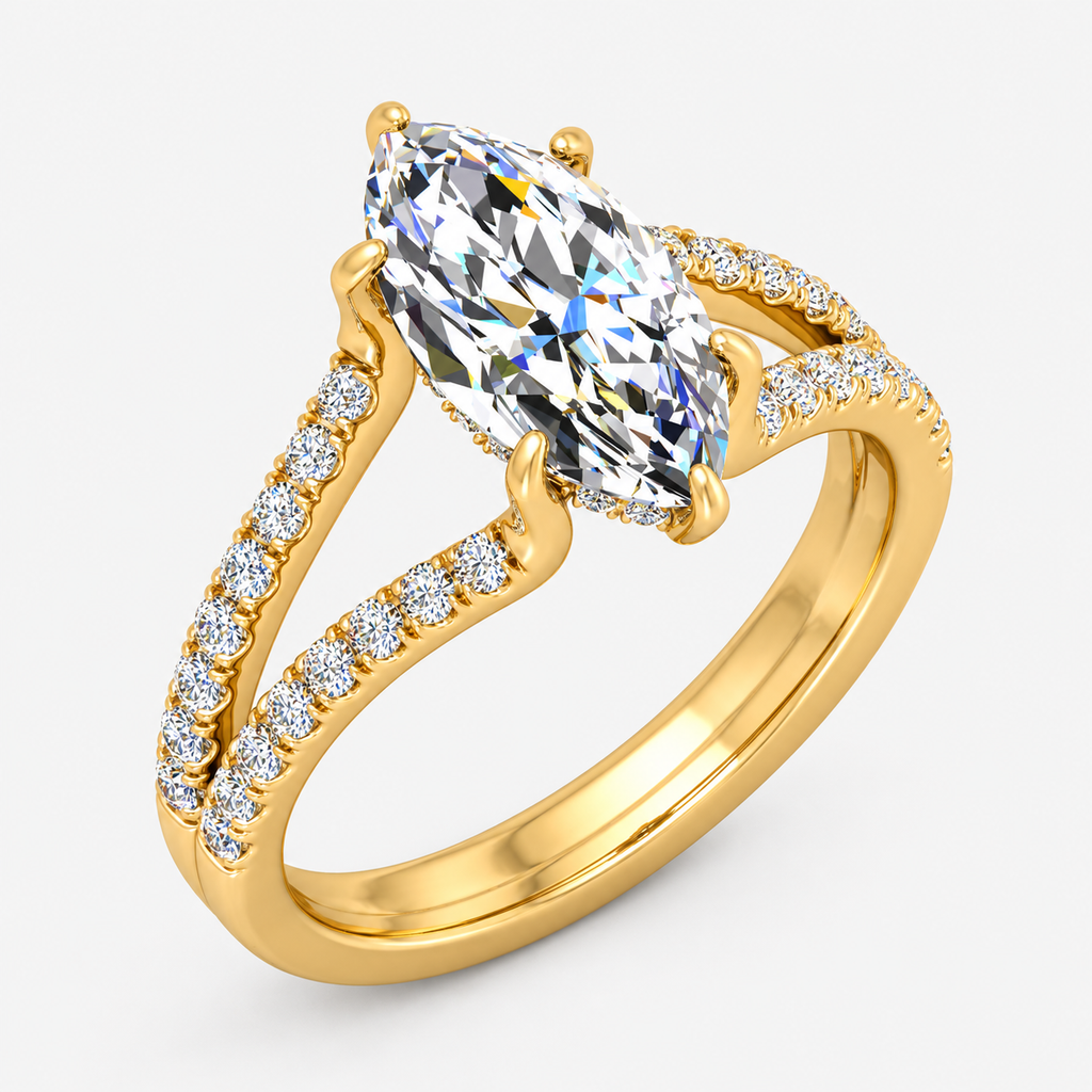 IGI Certified Lab Grown Marquise Cut Ring with Round Side Diamonds, Hidden Halo & Split Shank in Platinum & Gold - 1-5ct