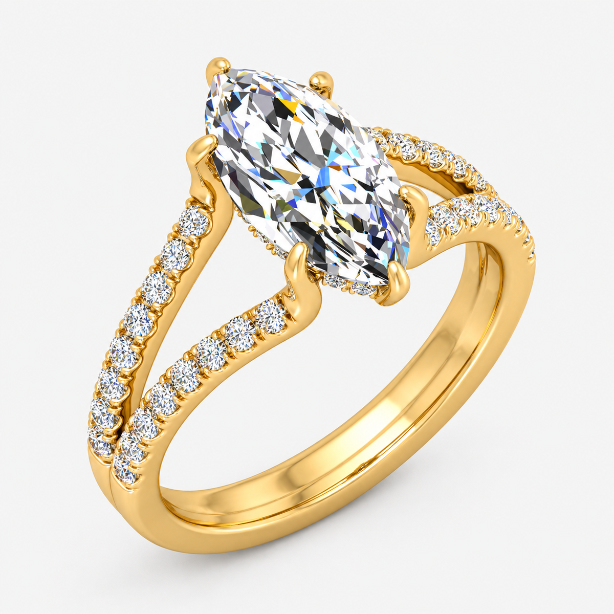 IGI Certified Lab Grown Marquise Cut Ring with Round Side Diamonds, Hidden Halo & Split Shank in Platinum & Gold - 1-5ct