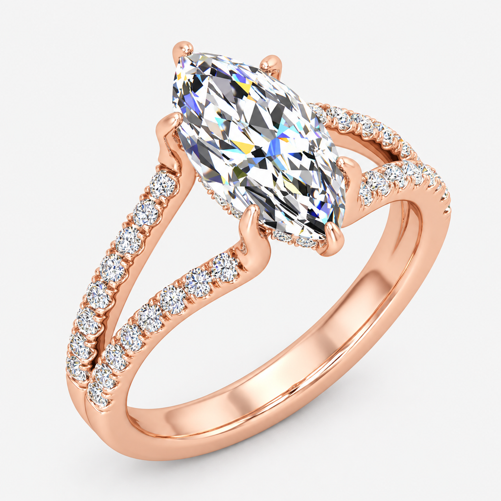 IGI Certified Lab Grown Marquise Cut Ring with Round Side Diamonds, Hidden Halo & Split Shank in Platinum & Gold - 1-5ct