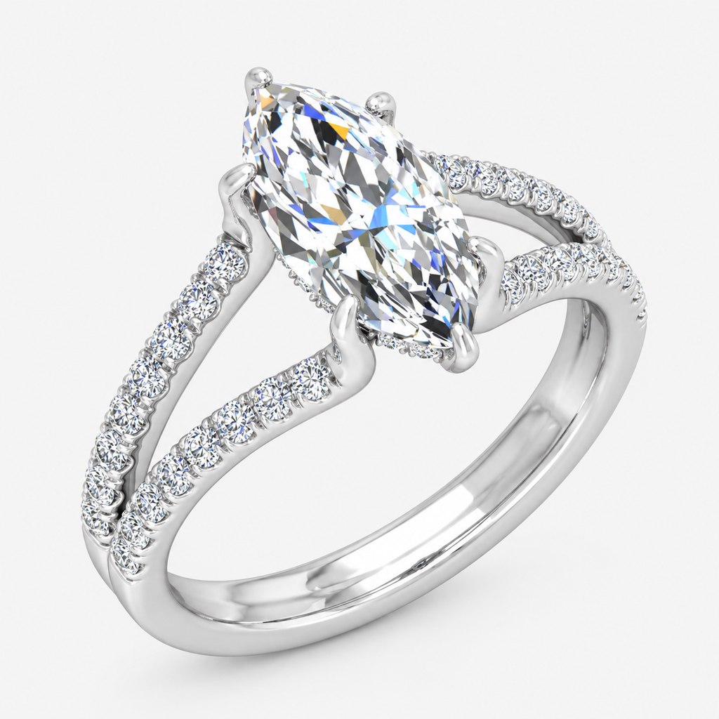 IGI Certified Lab Grown Marquise Cut Ring with Round Side Diamonds, Hidden Halo & Split Shank in Platinum & Gold - 1-5ct