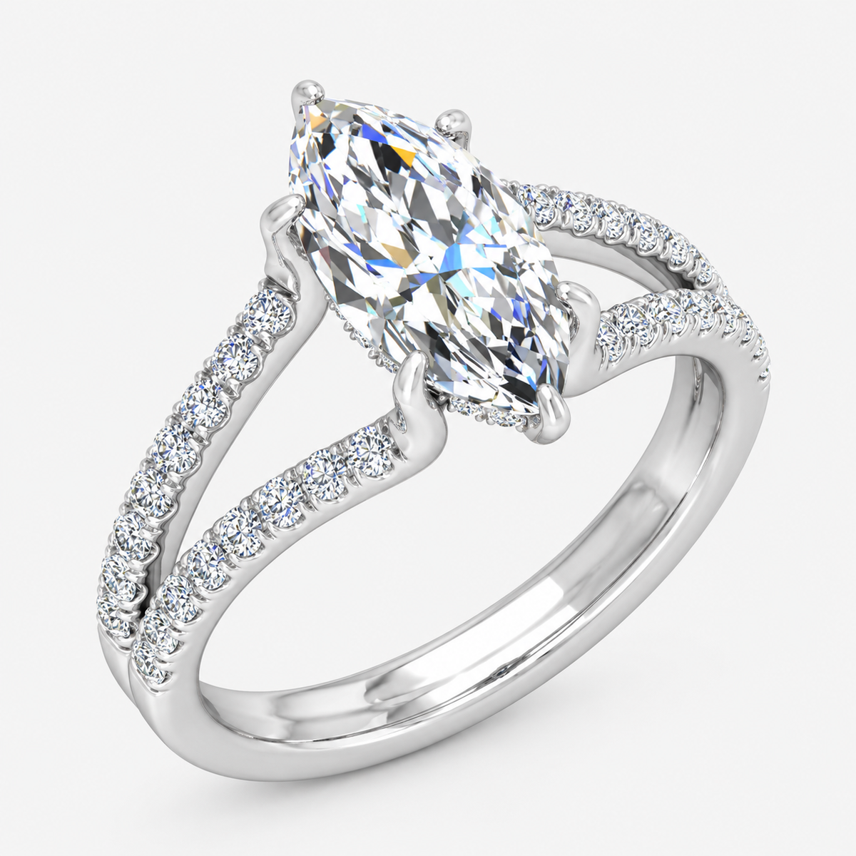 IGI Certified Lab Grown Marquise Cut Ring with Round Side Diamonds, Hidden Halo & Split Shank in Platinum & Gold - 1-5ct