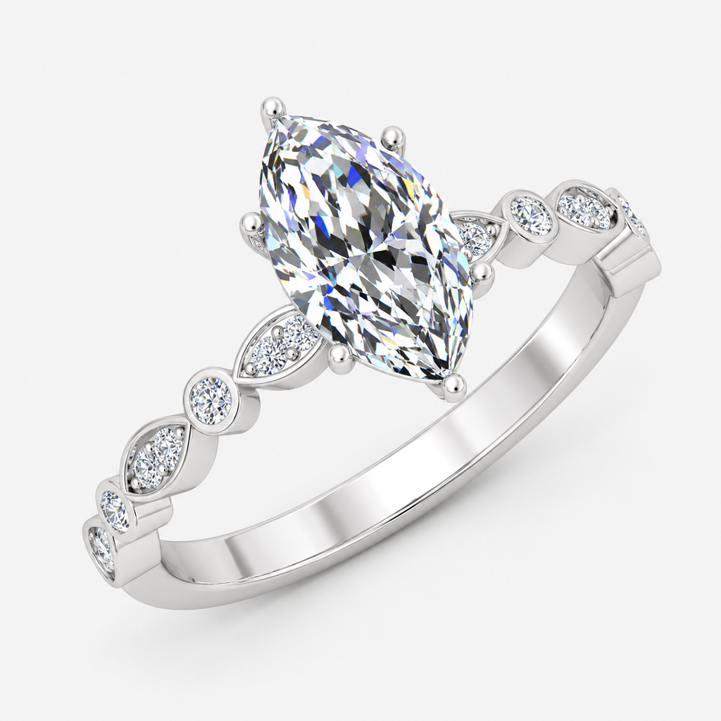 IGI Certified Lab Grown Marquise Cut & Side Round Diamond Claw Engagement Ring in Platinum & Gold - 1-5ct