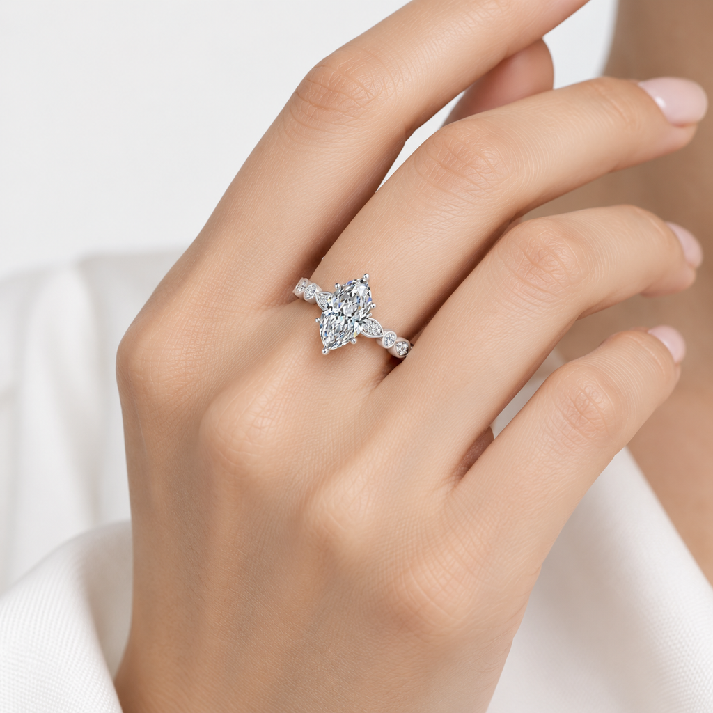 IGI Certified Lab Grown Marquise Cut & Side Round Diamond Claw Engagement Ring in Platinum & Gold - 1-5ct