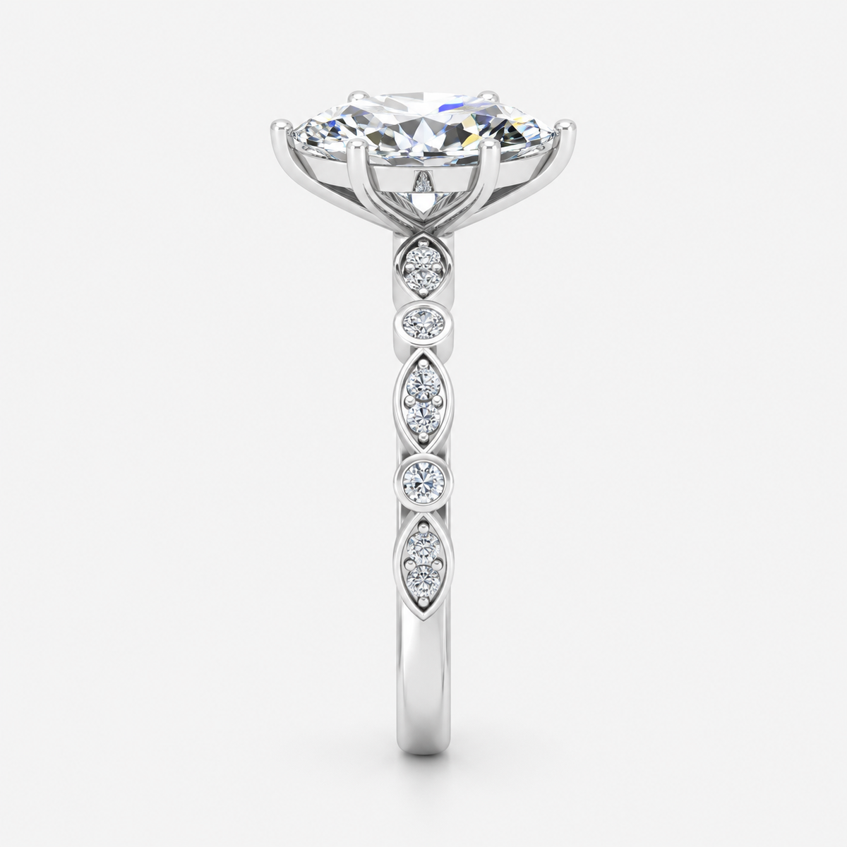 IGI Certified Lab Grown Marquise Cut & Side Round Diamond Claw Engagement Ring in Platinum & Gold - 1-5ct