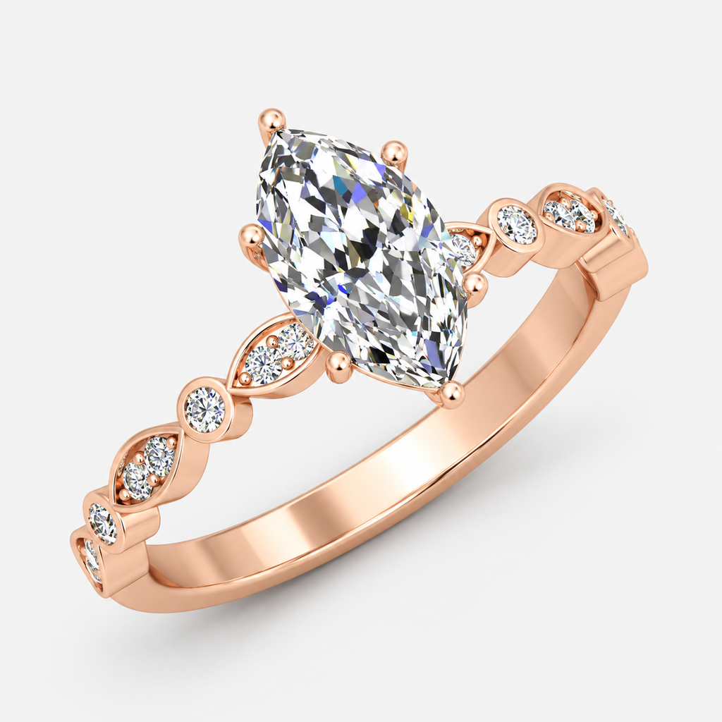 IGI Certified Lab Grown Marquise Cut & Side Round Diamond Claw Engagement Ring in Platinum & Gold - 1-5ct