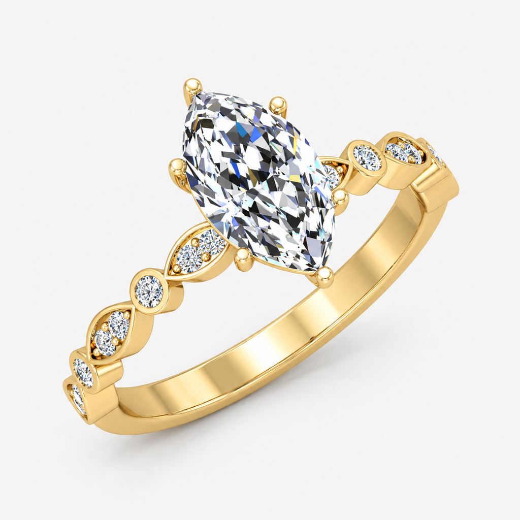 IGI Certified Lab Grown Marquise Cut & Side Round Diamond Claw Engagement Ring in Platinum & Gold - 1-5ct