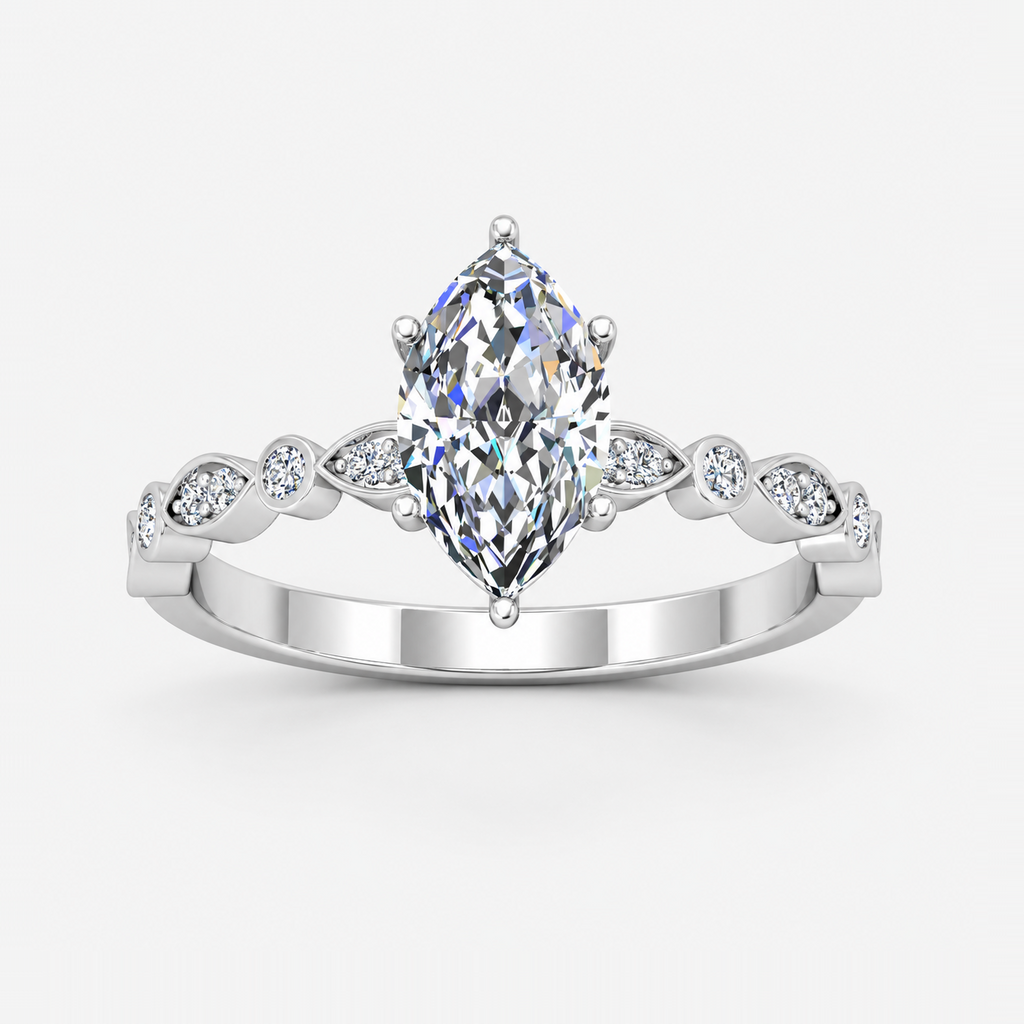 IGI Certified Lab Grown Marquise Cut & Side Round Diamond Claw Engagement Ring in Platinum & Gold - 1-5ct