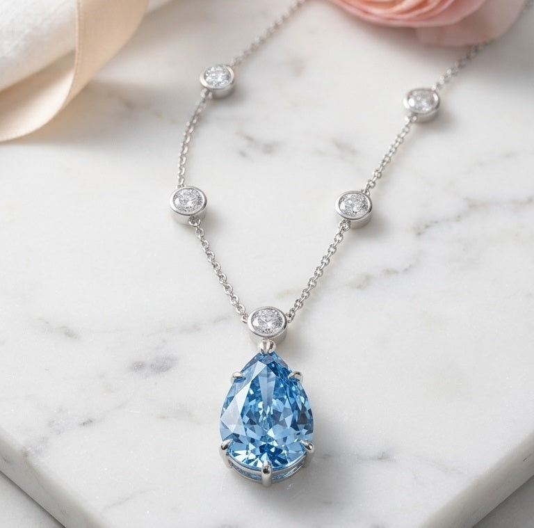 IGI Certified 6.00 Ct Fancy Blue Pear Diamond Necklace in White Gold