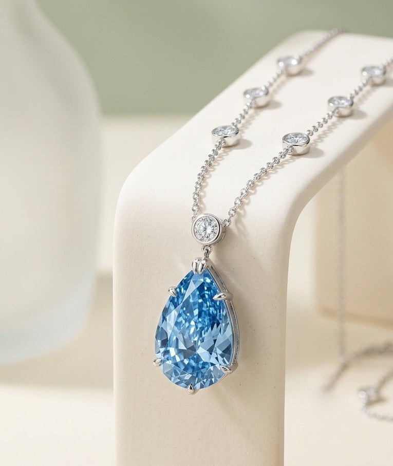 IGI Certified 6.00 Ct Fancy Blue Pear Diamond Necklace in White Gold