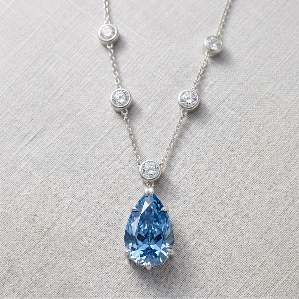 IGI Certified 6.00 Ct Fancy Blue Pear Diamond Necklace in White Gold