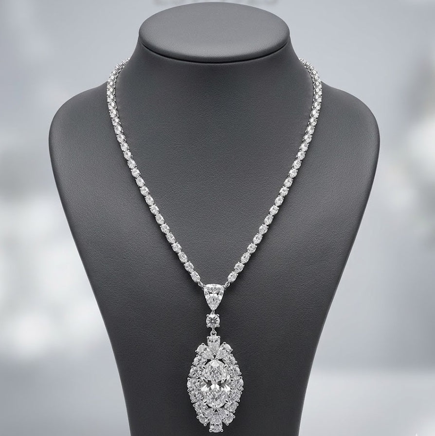 IGI 38 Ct, Lab Grown Big Oval With Marquise & Round Diamond Designer Necklace