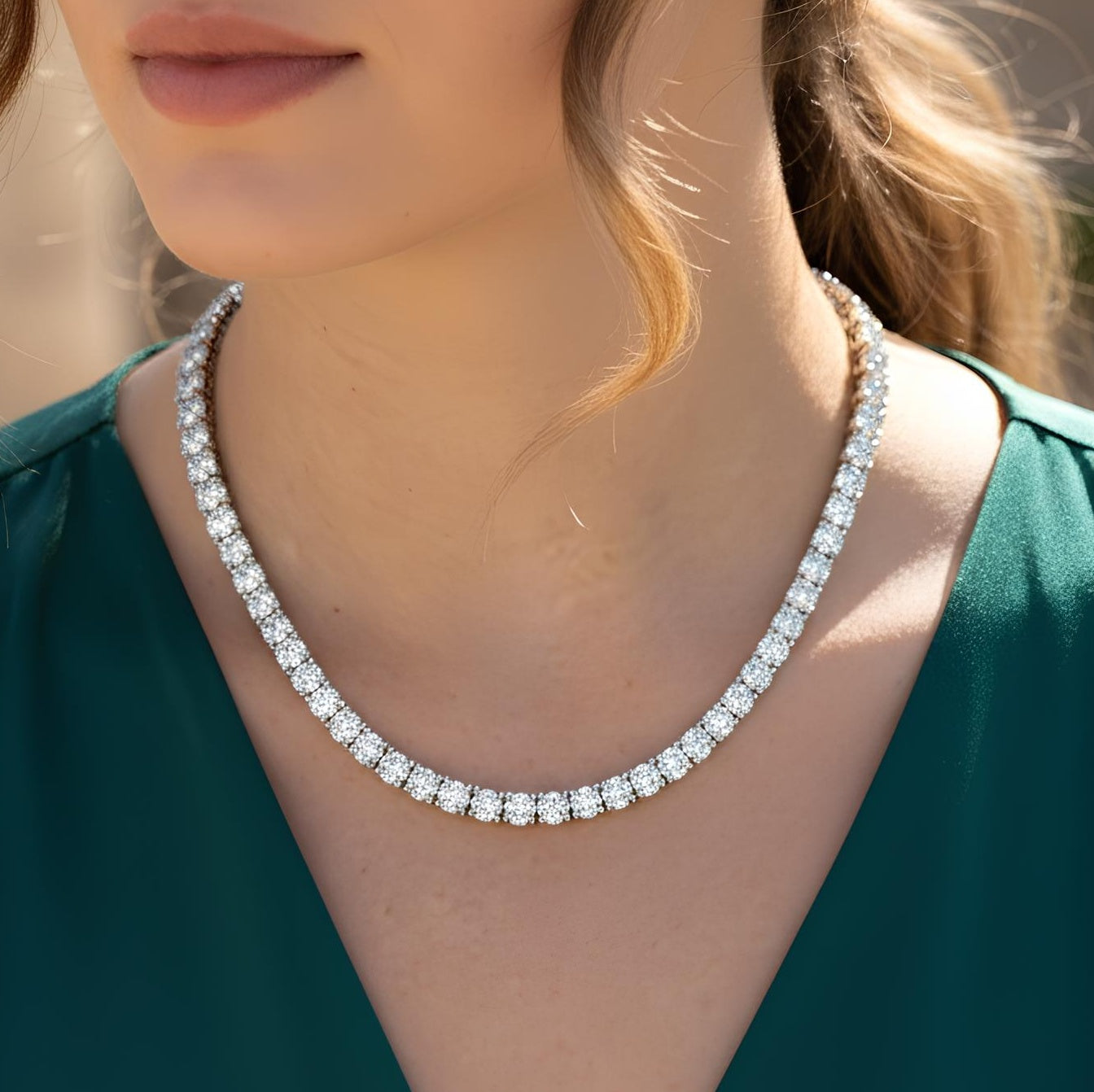 D/VS 55.00Ct Lab Round Diamond Tennis Necklace in UK Hallmarked Gold - 22inches