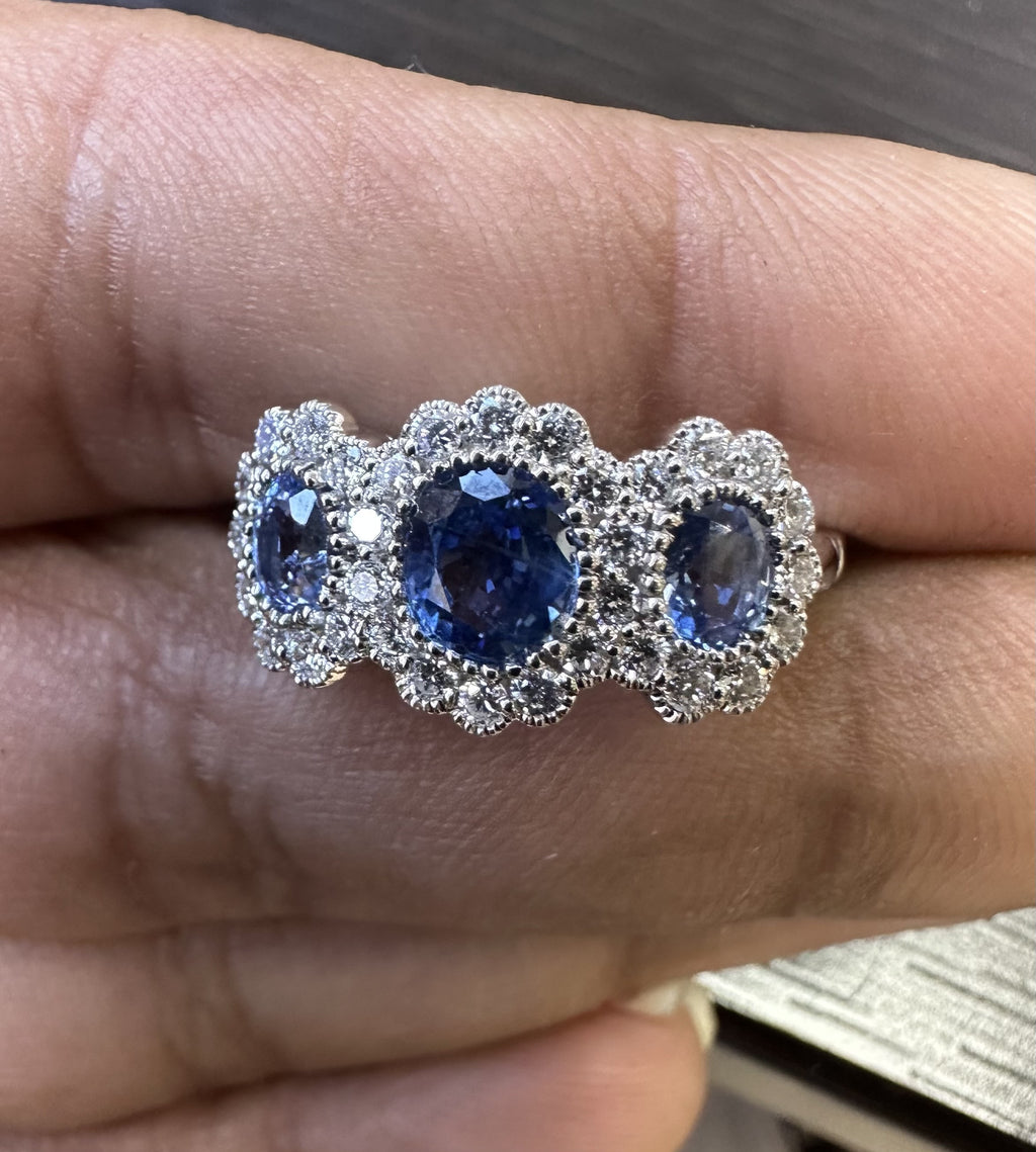 Natural Oval Sapphire Halo Set Trilogy Vintage Engagement Ring In Gold & Platinum