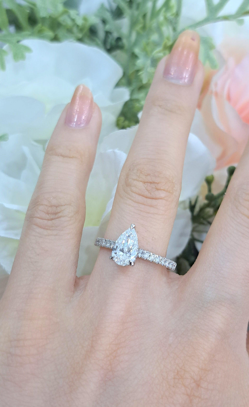 Certified E/VS Pear Diamond Hidden Halo Engagement Ring