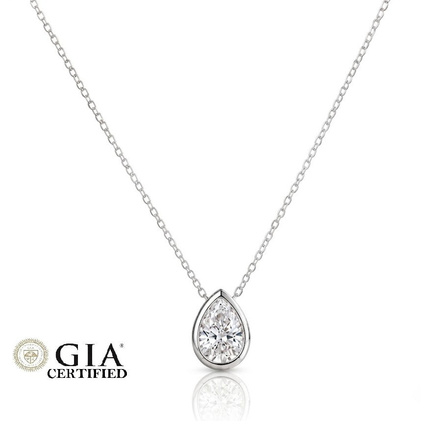 GIA Certified Pear Natural Diamond Bezel Set Pendant in Gold (0.30–1.00CT)