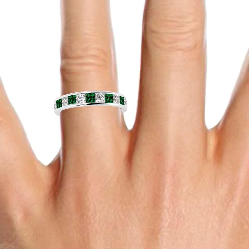 3mm 0.75Ct Emerald And Princess Diamond Half Eternity Ring