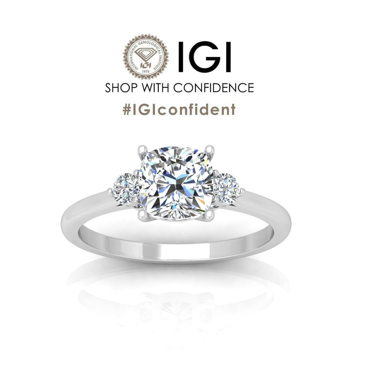 2.00CT IGI Certified Cushion & Round Lab Diamond Trilogy Ring in Platinum
