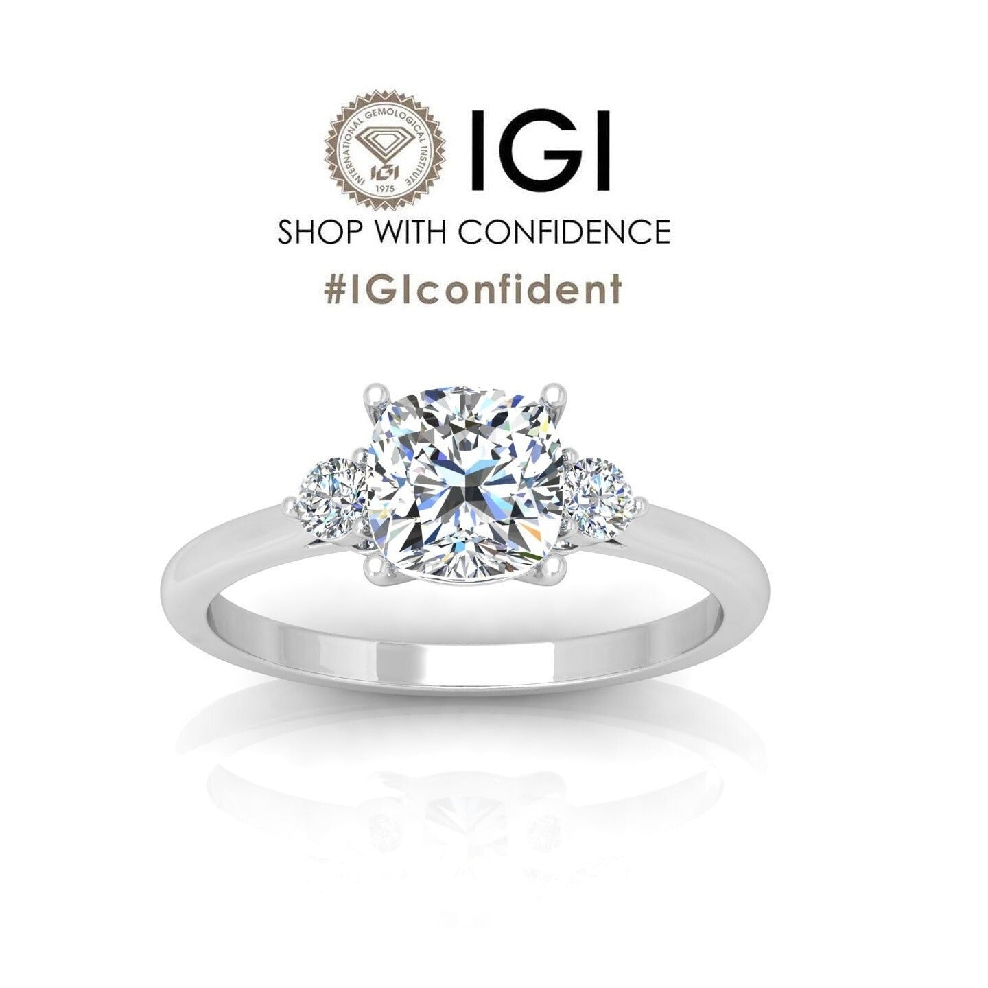 2.00CT IGI Certified Lab Grown Cushion & Round Diamond Trilogy Ring in Platinum